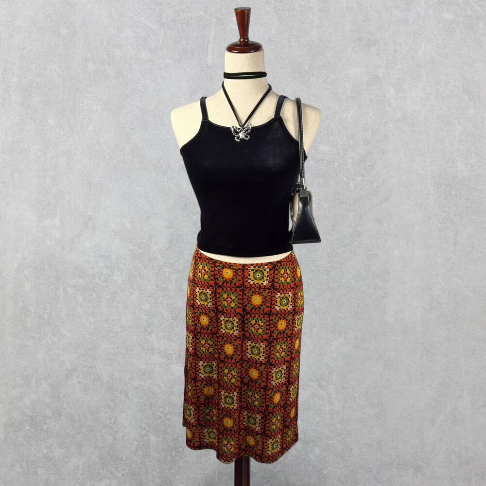 Vintage 90s Orange Multicolor Crochet Granny Square Print Skirt